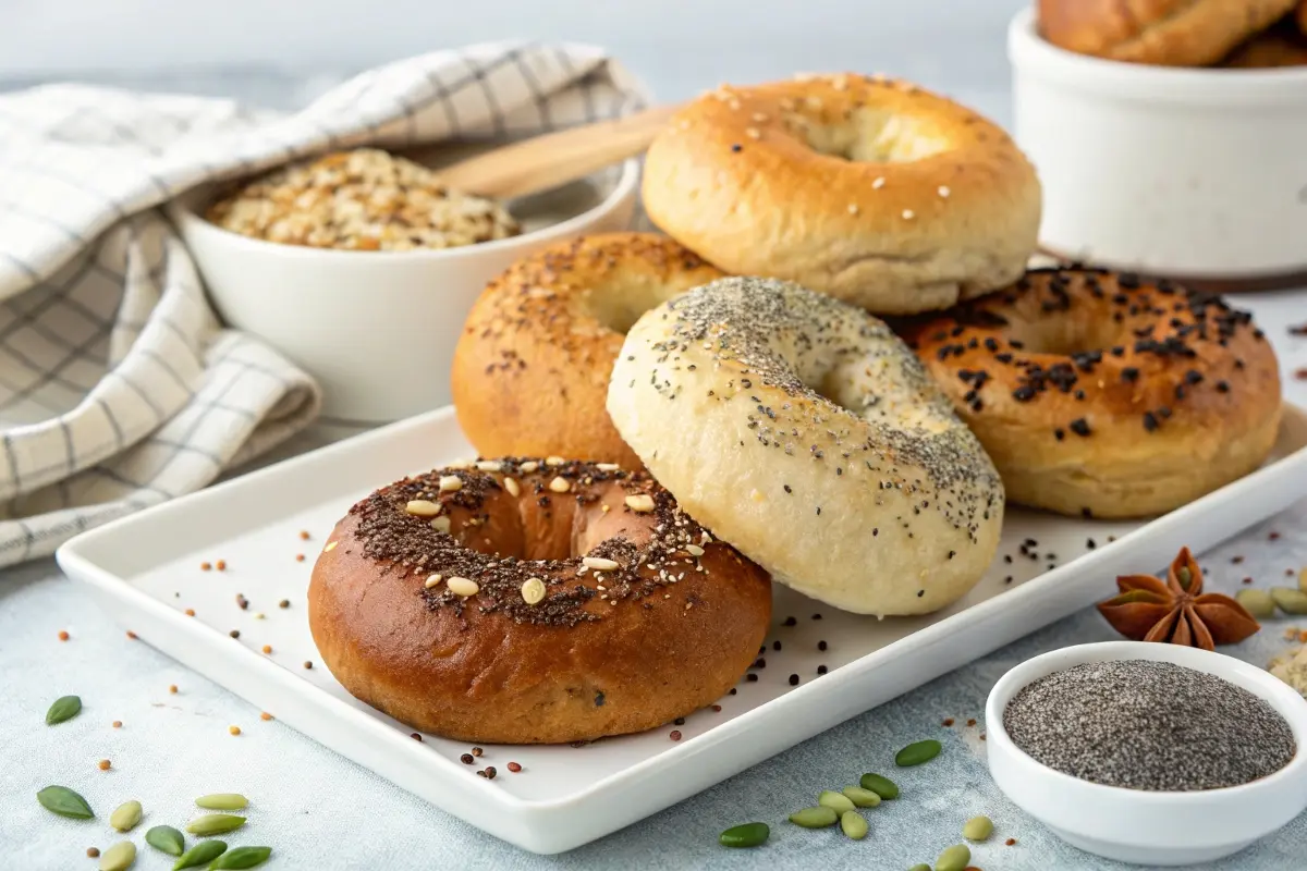 A variety of bagels with different toppings, including poppy seeds, sesame seeds, and pine nuts, displayed on a white tray, illustrating the versatility of better bagels.