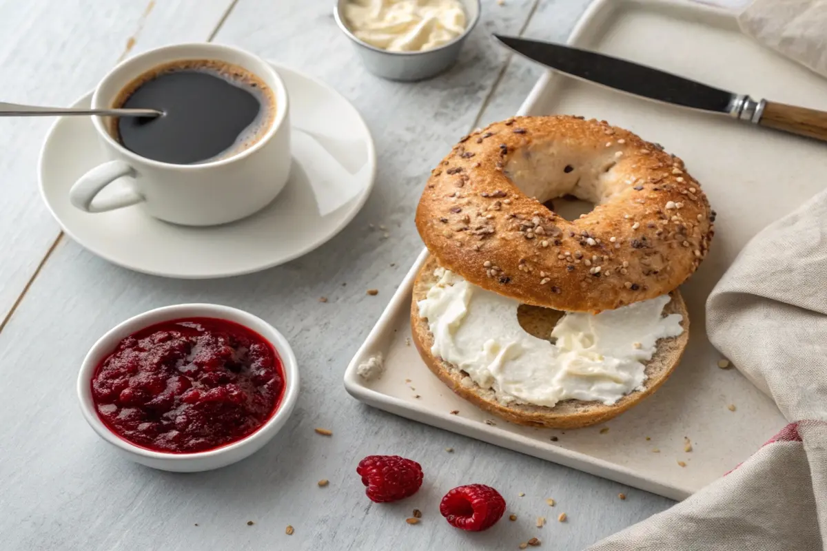 A sesame bagel spread with cream cheese, accompanied by raspberry jam, a cup of coffee, and fresh raspberries, showcasing a better bagel breakfast option.