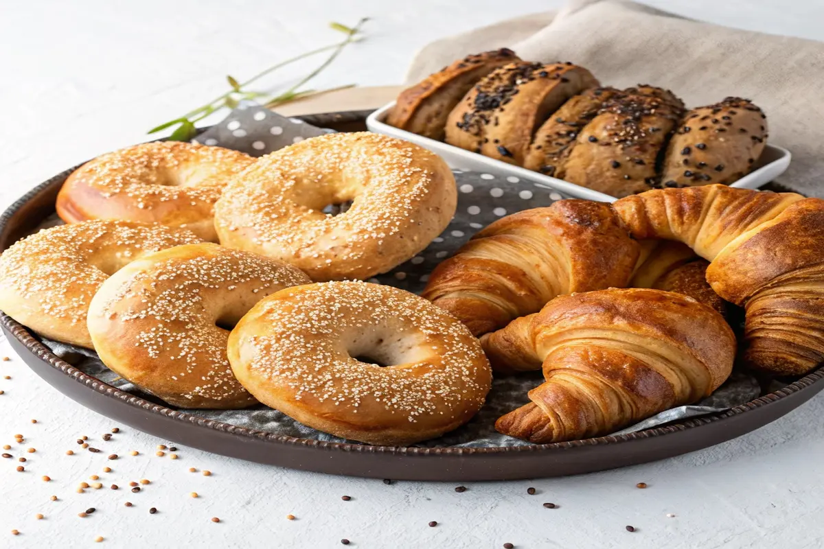 A tray featuring golden sesame bagels, buttery croissants, and seeded bagels, comparing their textures and visual appeal as part of the better bagel discussion.