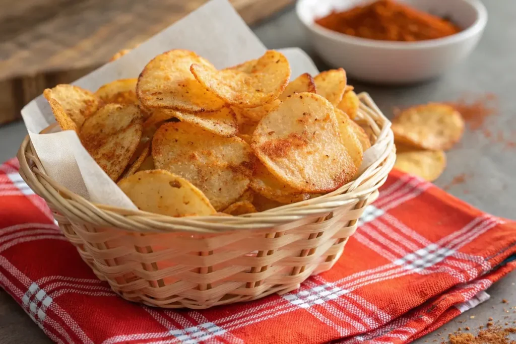 A basket filled with freshly prepared spicy chips, garnished with chili powder and seasoning.