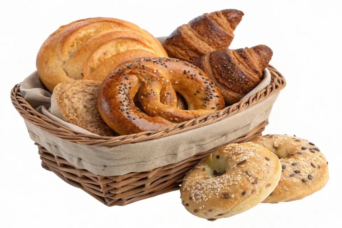 A wicker basket filled with an assortment of breads, including croissants, pretzels, and seeded bagels, illustrating the comparison between bagels and other baked goods.