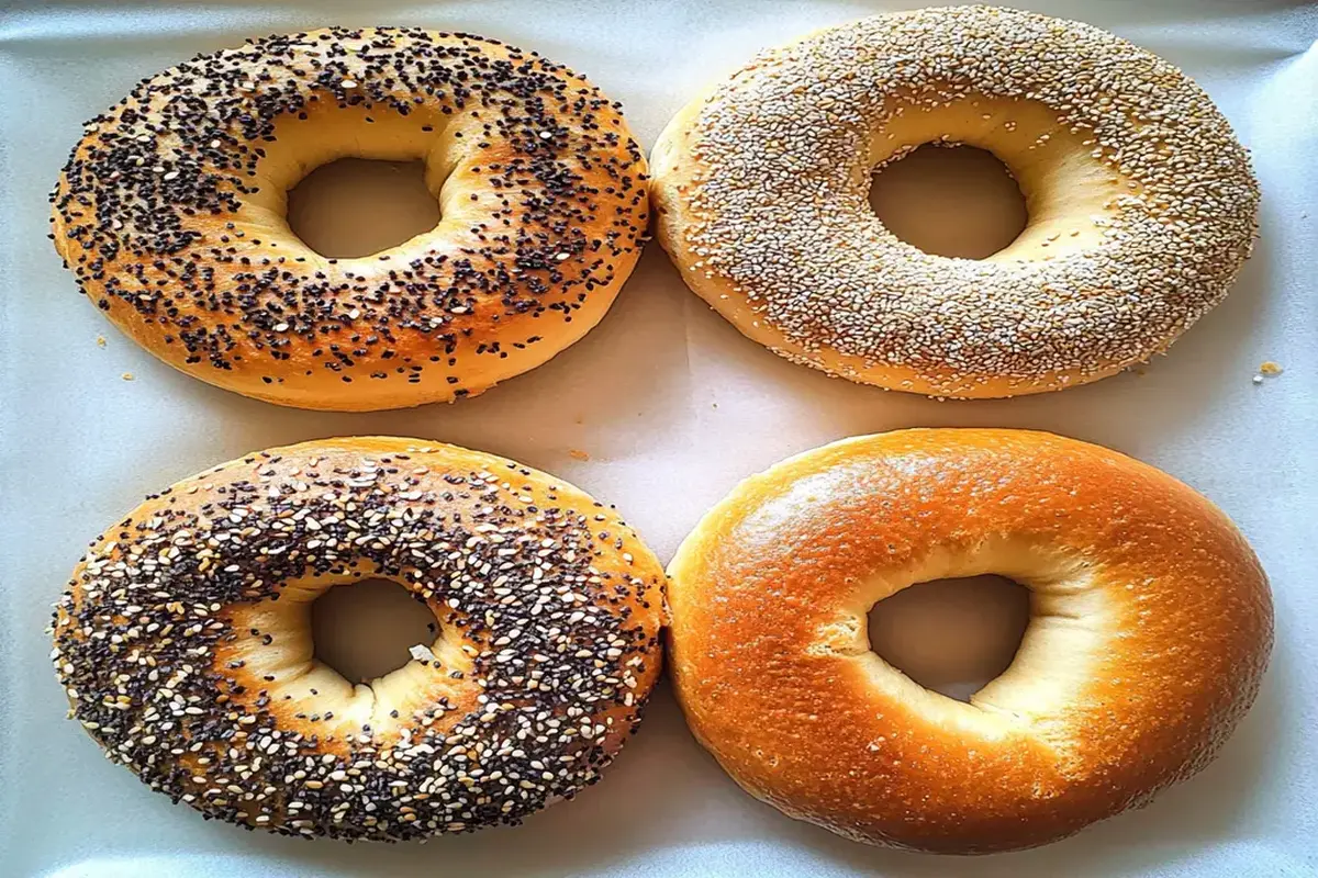 Four freshly baked bagels with a variety of toppings, including sesame seeds and poppy seeds, showcasing the results of a better bagel-making process.