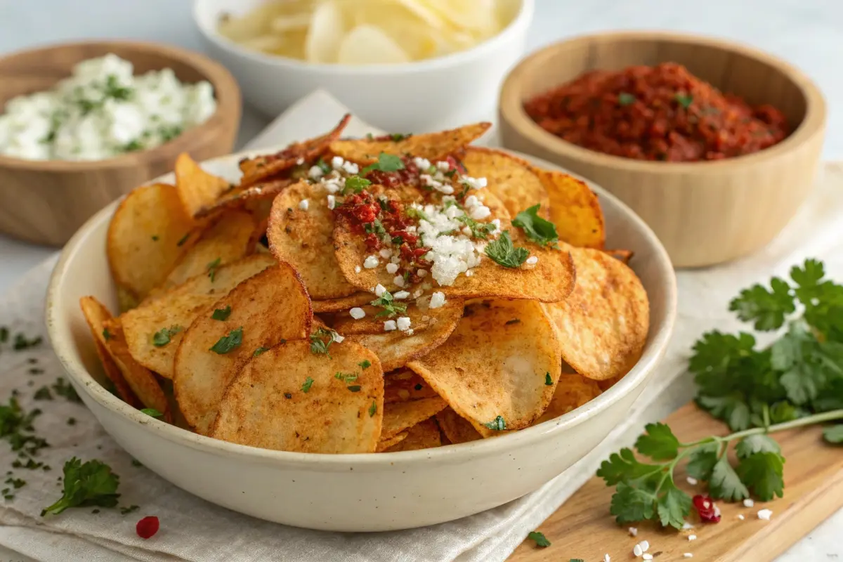 A bowl of homemade spicy chips garnished with fresh herbs, grated cheese, and chili flakes, served with dipping sauces in the background.