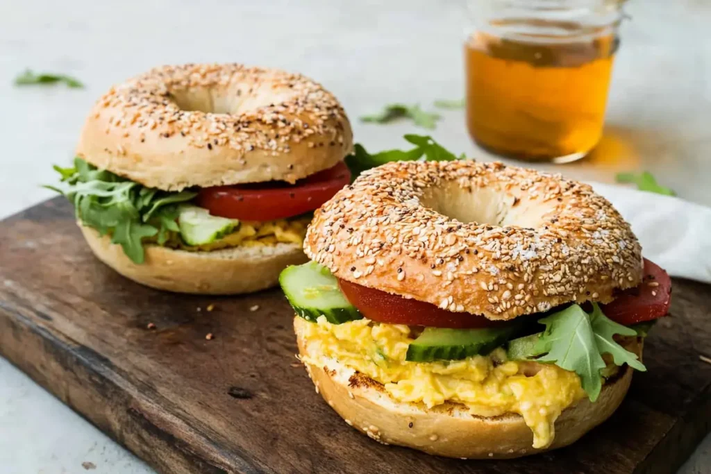 Two everything bagel breakfast sandwiches with scrambled eggs, fresh cucumbers, tomato slices, and arugula, served on a wooden board for a nutritious and better bagel breakfast.