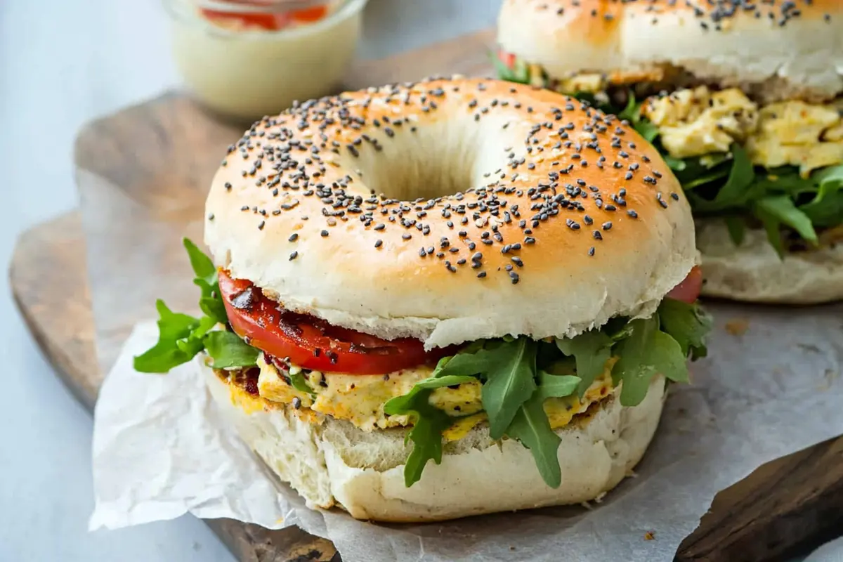 A poppy seed bagel sandwich filled with scrambled eggs, arugula, and tomato slices, illustrating the appeal of a better bagel for breakfast.