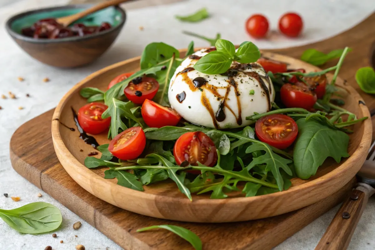 A beautifully plated burrata cheese served on a bed of fresh arugula and cherry tomatoes, drizzled with balsamic glaze and garnished with basil.