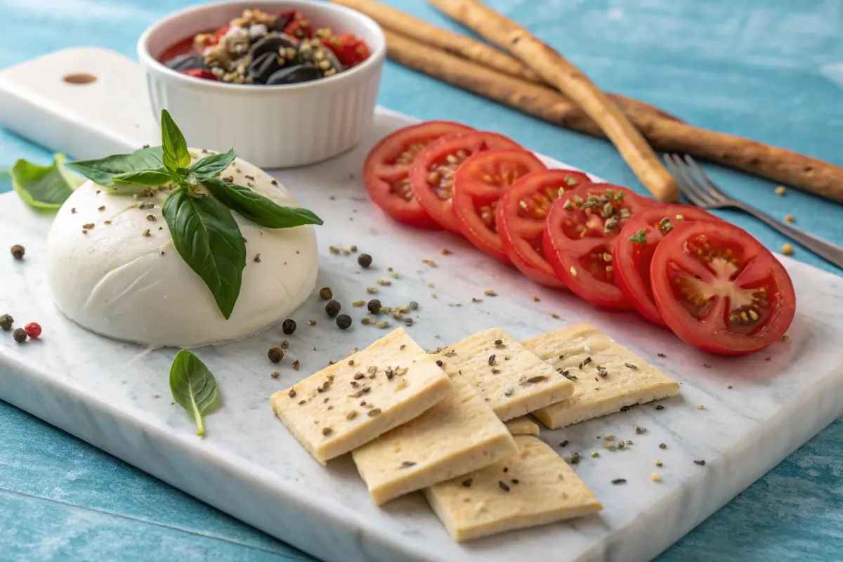 A marble serving board featuring burrata cheese garnished with fresh basil, sliced tomatoes, crackers, and a small dish of olives, ideal for highlighting the versatility of burrata.