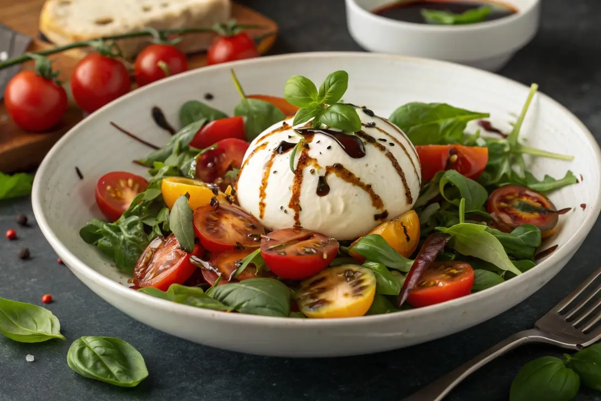 A fresh burrata cheese ball placed on a vibrant salad of cherry tomatoes, arugula, and basil leaves, drizzled with balsamic glaze, highlighting its delicious appeal.