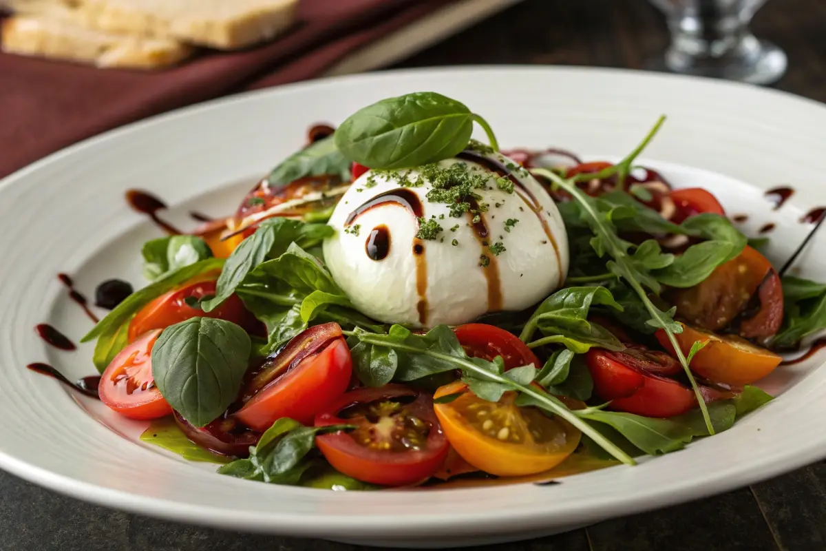 A gourmet dish featuring a ball of burrata cheese placed on a bed of arugula and sliced cherry tomatoes, drizzled with balsamic glaze, emphasizing the fresh and rich elements of burrata.