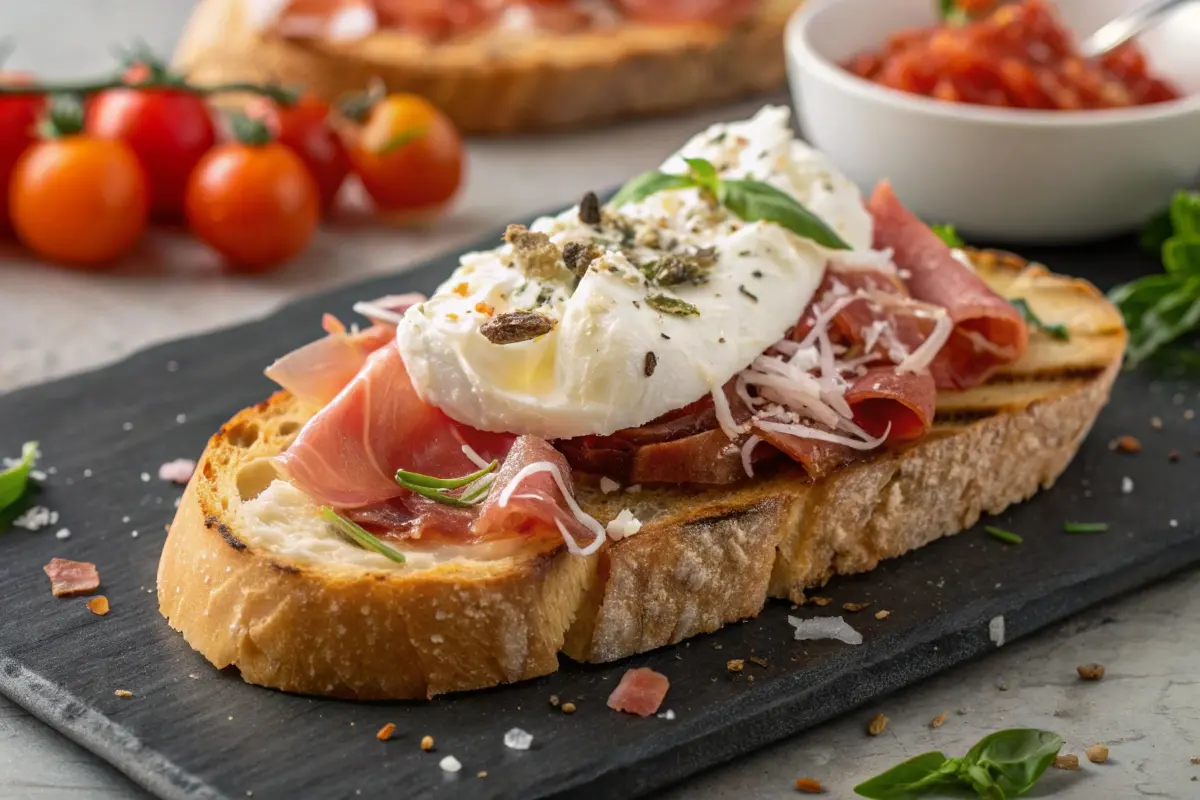 A rustic toast topped with creamy burrata, thinly sliced prosciutto, grated Parmesan, and fresh herbs, illustrating a versatile way to enjoy burrata. Add pickle de gallo for a tangy twist.