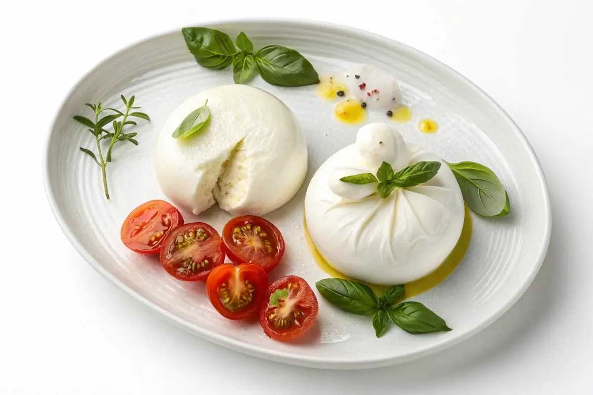 A top-down view of a white ceramic plate featuring burrata and mozzarella cheese with cherry tomatoes, fresh basil, and olive oil garnish.