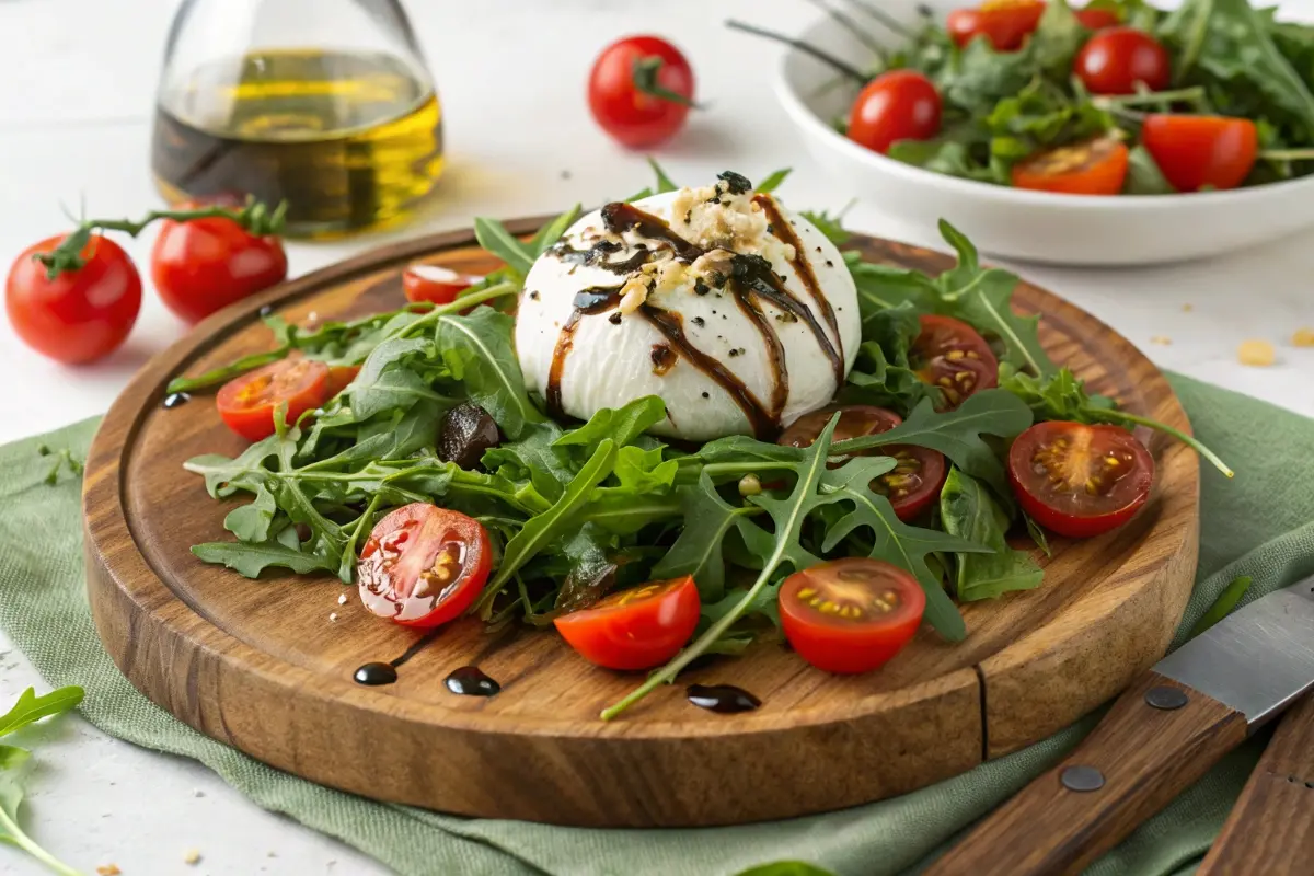 A serving of burrata cheese on a bed of arugula with cherry tomatoes, garnished with balsamic glaze and served on a rustic wooden plate.