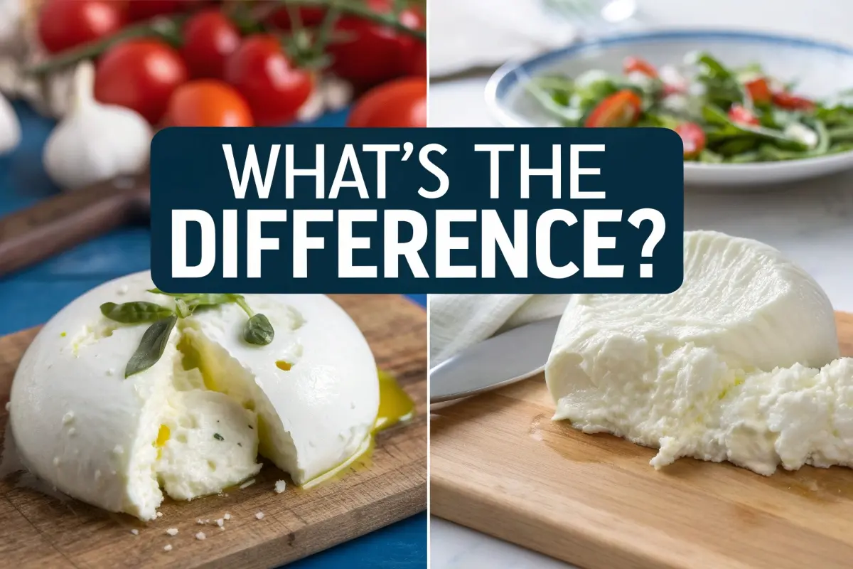 A split panel image showing a fresh burrata with olive oil and basil on the left and mozzarella on the right, highlighting their differences.