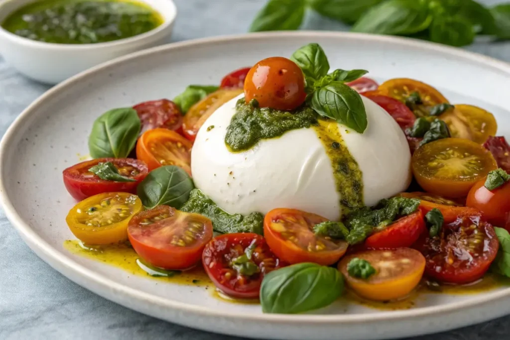 A serving of burrata cheese garnished with fresh basil, sliced tomatoes, and a drizzle of olive oil, perfect as a fresh appetizer or accompaniment to pickle de gallo.