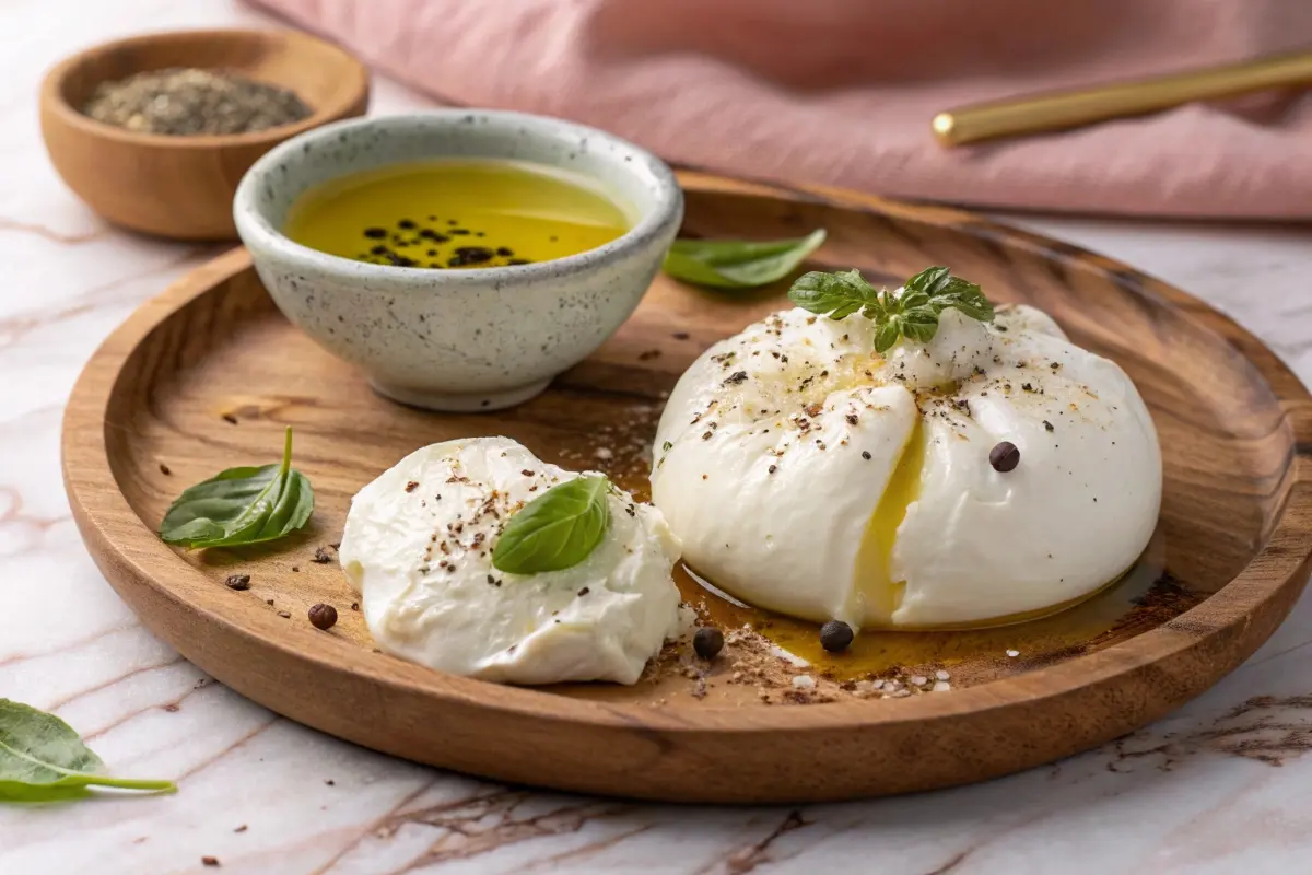 A rustic presentation of fresh burrata cheese on a wooden plate, drizzled with olive oil and garnished with basil and peppercorns, highlighting the creamy texture of burrata.