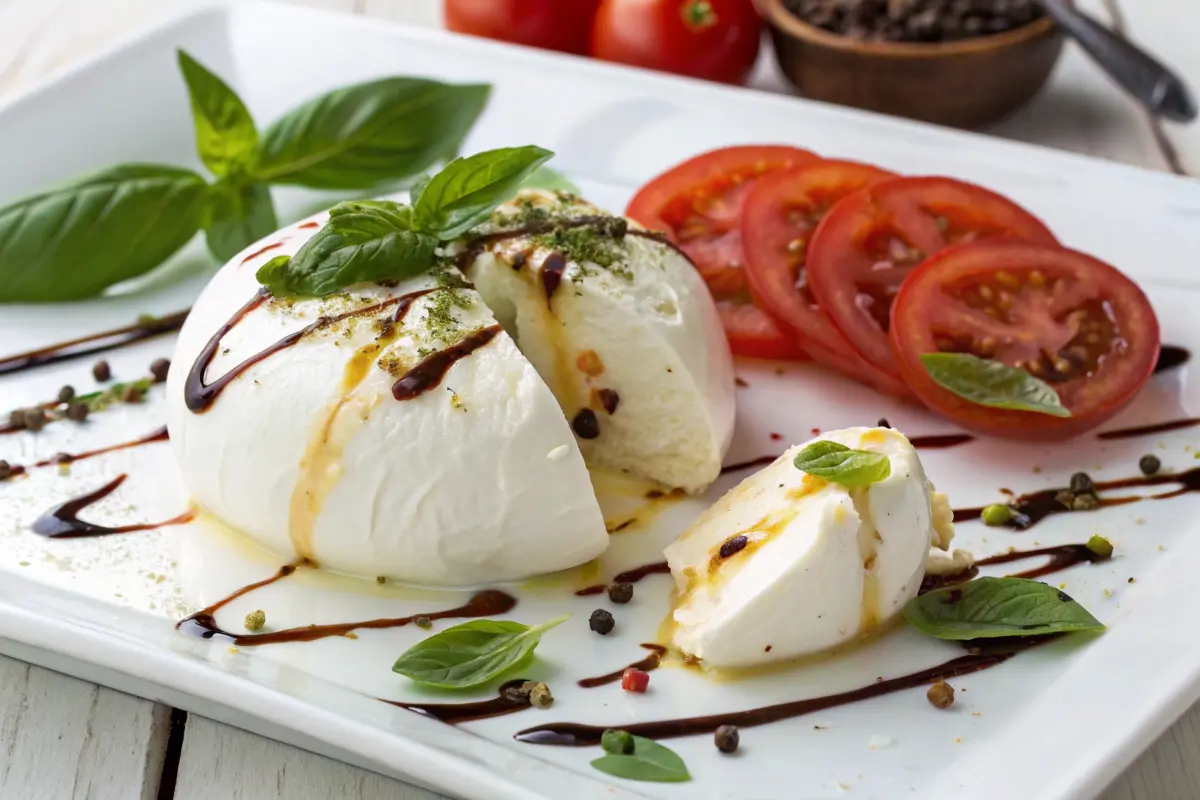 A fresh burrata cheese served with sliced tomatoes, basil leaves, and a balsamic glaze drizzle, showing a flavorful way to pair burrata with fresh ingredients and suggesting pickle de gallo as an alternative topping.