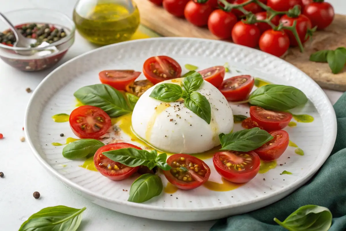 A fresh burrata cheese served with cherry tomatoes, basil leaves, and olive oil on a white plate, highlighting its premium presentation and quality.