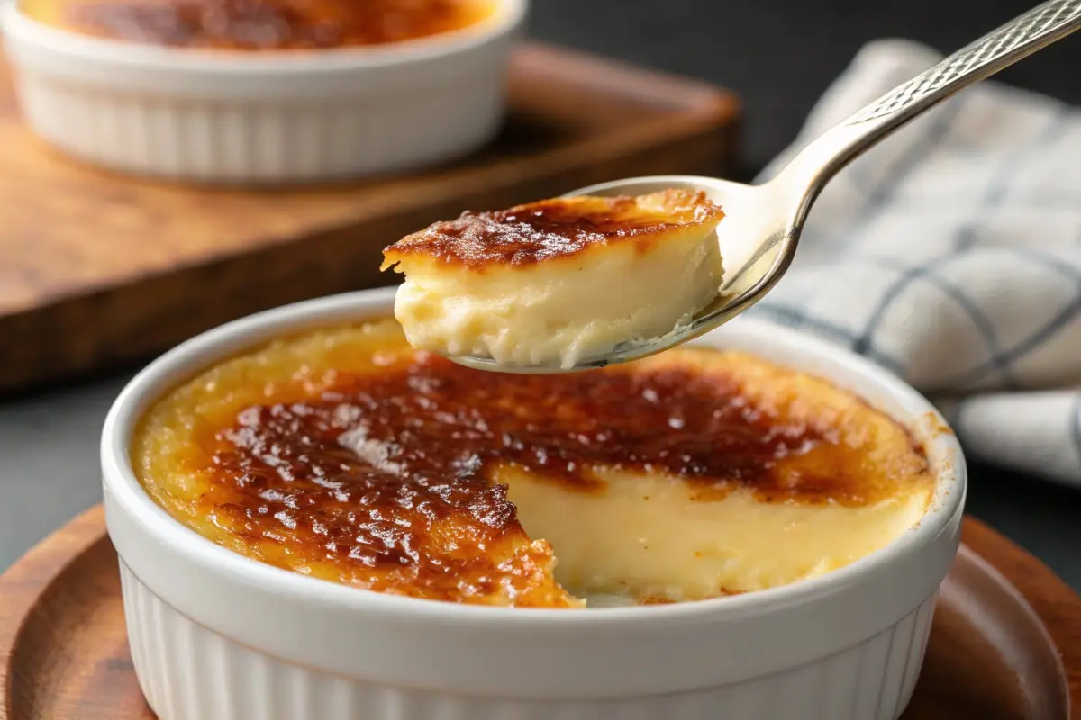 A close-up view of a spoon lifting a creamy bite of crème brûlée from a ramekin, showcasing its golden caramelized top and rich texture, perfect for illustrating the key differences in a crème brûlée recipe.