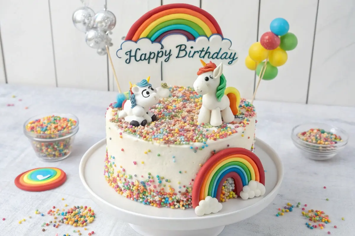 A colorful unicorn-themed birthday cake with two fondant unicorn figurines, a rainbow topper, and vibrant sprinkles, emphasizing the magical design of a unicorn cake.