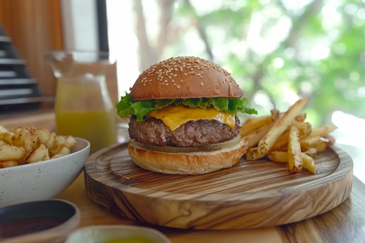 A cheeseburger with melted cheddar, fresh lettuce, and pickles served on a wooden plate with crispy fries, a perfect addition to a cookout menu.