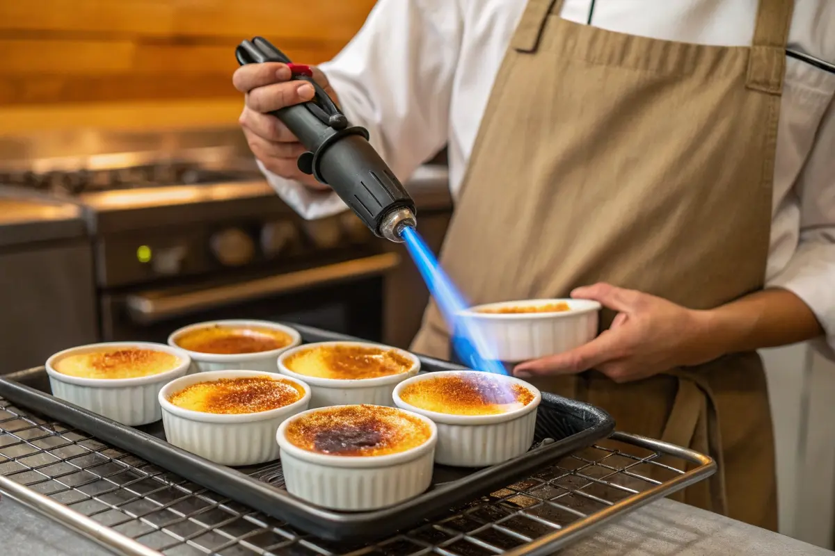 A chef using a torch to caramelize the sugar topping of crème brûlée, a key step in the recipe.