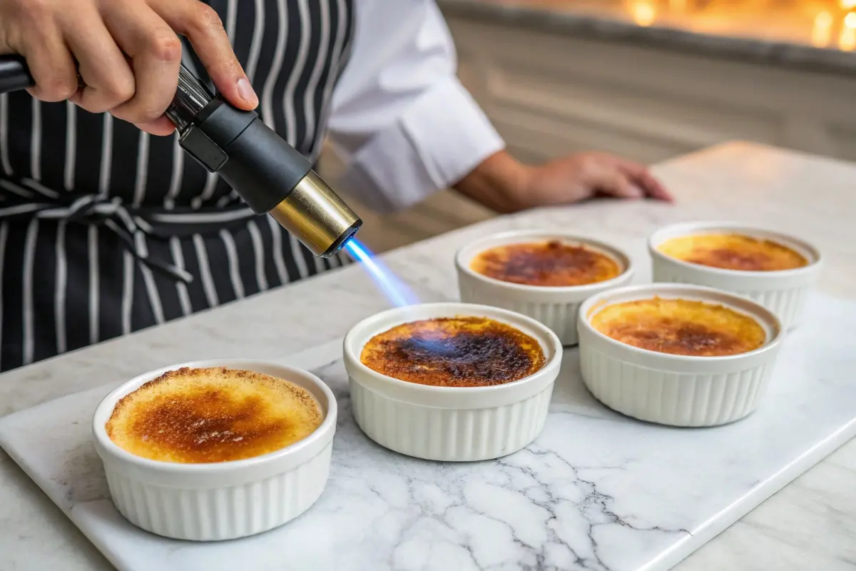 A chef using a kitchen torch to caramelize the top of crème brûlée in white ramekins on a marble countertop, illustrating the finishing step of a crème brûlée recipe.