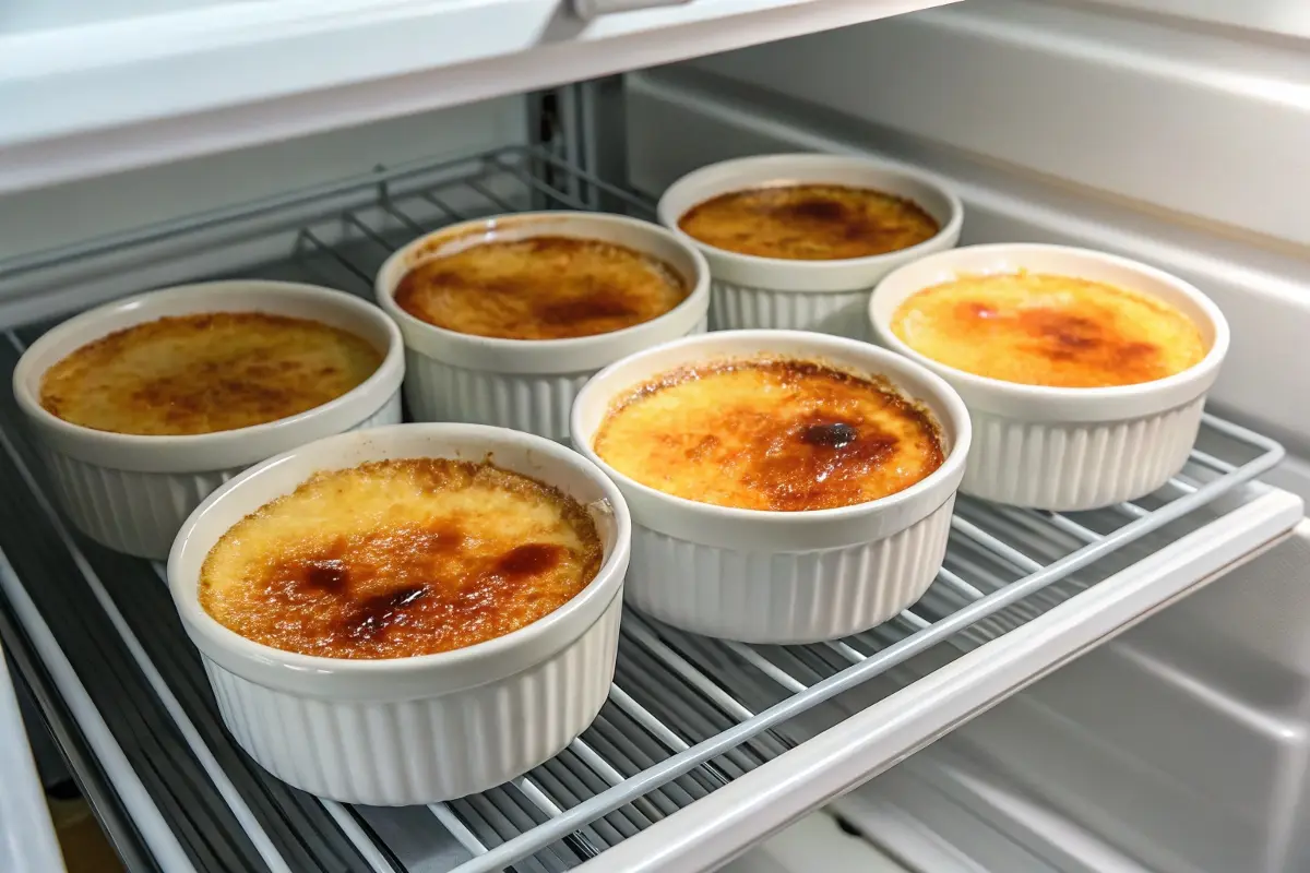 Six crème brûlées in white ramekins chilling on a refrigerator rack, demonstrating proper storage for the dessert.