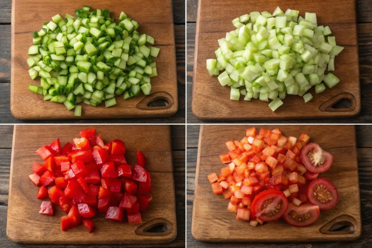 Four wooden cutting boards showcasing diced cucumbers, tomatoes, and bell peppers, perfect for a pickle de gallo recipe.