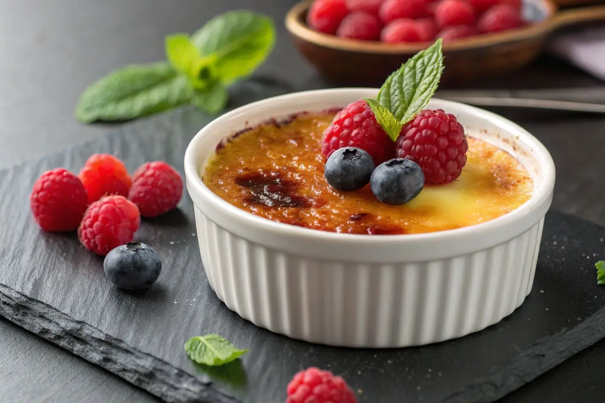 A single serving of crème brûlée in a white ramekin topped with fresh raspberries, blueberries, and a mint sprig, placed on a slate board with additional berries nearby.