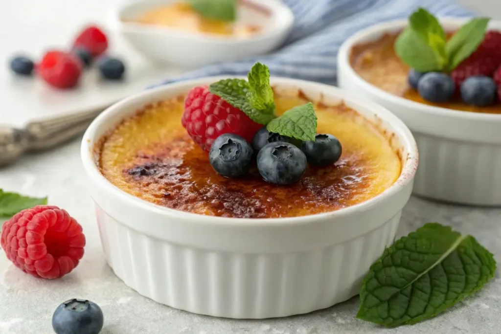 A close-up of a classic creme brulee topped with fresh raspberries, blueberries, and a sprig of mint, elegantly served in a white ramekin.