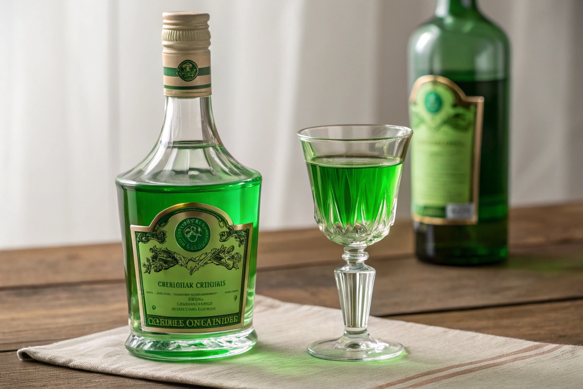 A classic green Crème de Menthe bottle and a glass of the liqueur on a rustic wooden table with soft lighting.