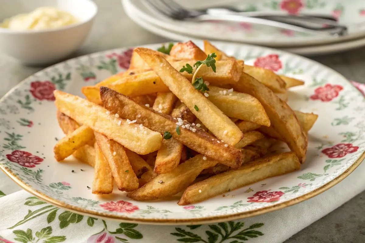 A plate of golden, crispy papas fritas garnished with parsley and sea salt, served on a floral-patterned plate with a rustic background.