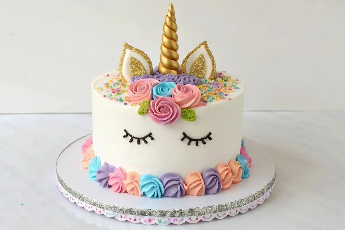 A classic unicorn cake with a golden horn, pastel floral decorations, and colorful sprinkles, exemplifying the whimsical style of unicorn cakes.