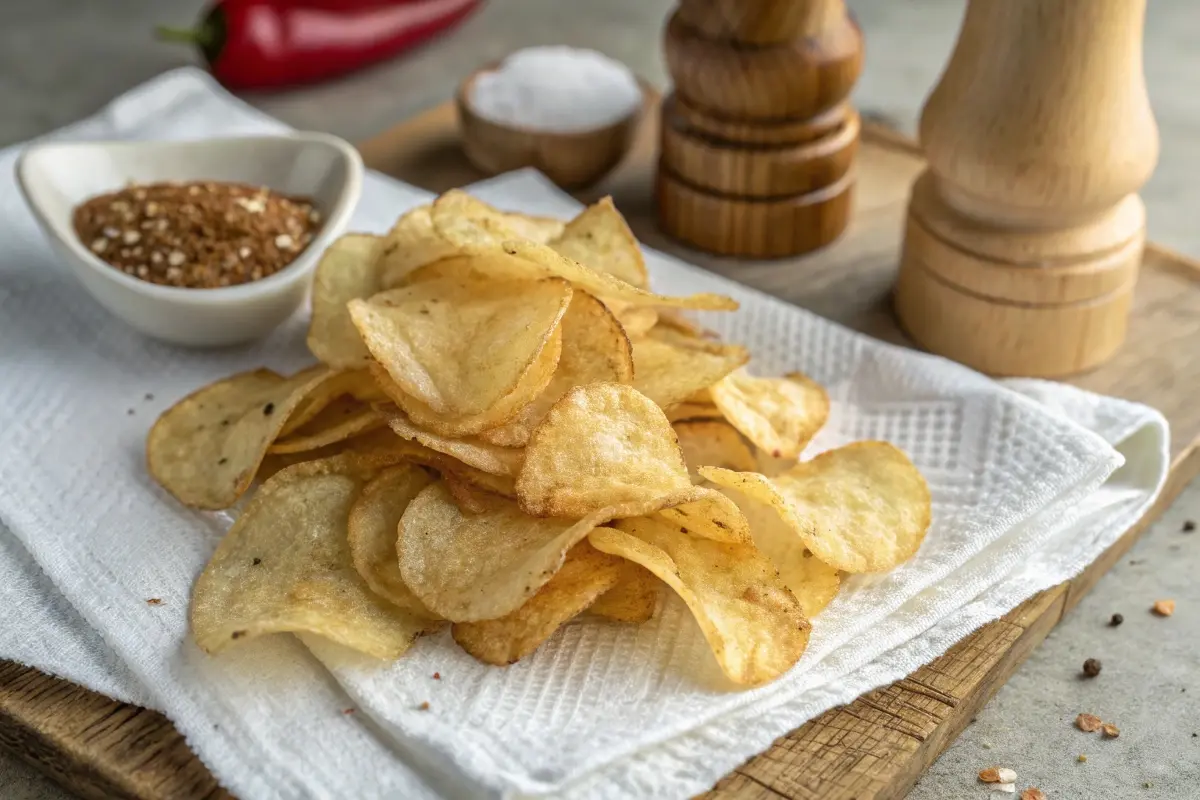 A close-up view of freshly fried, golden crispy potato chips resting on a white paper towel, highlighting their texture and freshness.