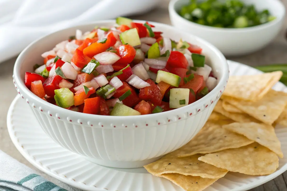 A vibrant bowl of pickle de gallo featuring diced cucumbers, tomatoes, onions, and peppers, garnished with fresh herbs and served with tortilla chips, highlighting its freshness and health appeal.