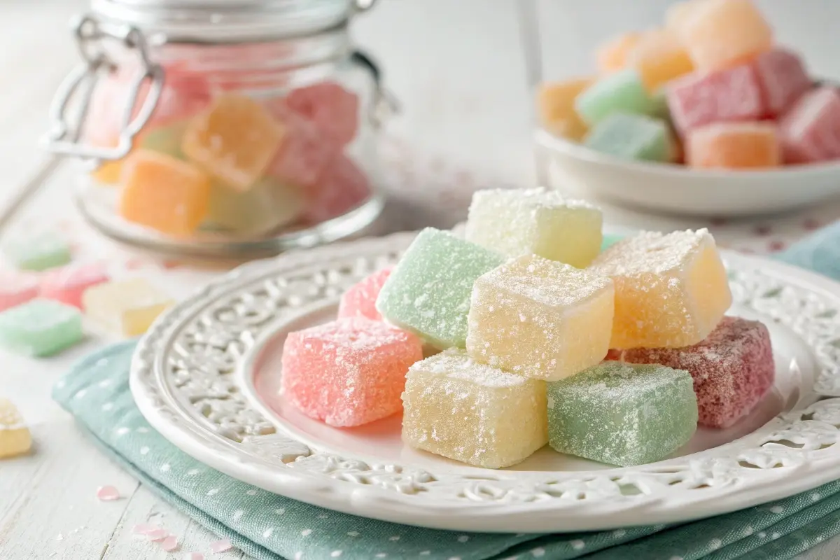 A close-up of pastel-colored crystal candy cubes dusted with powdered sugar, displayed on a decorative plate, highlighting the beauty and appeal of crystal candy.