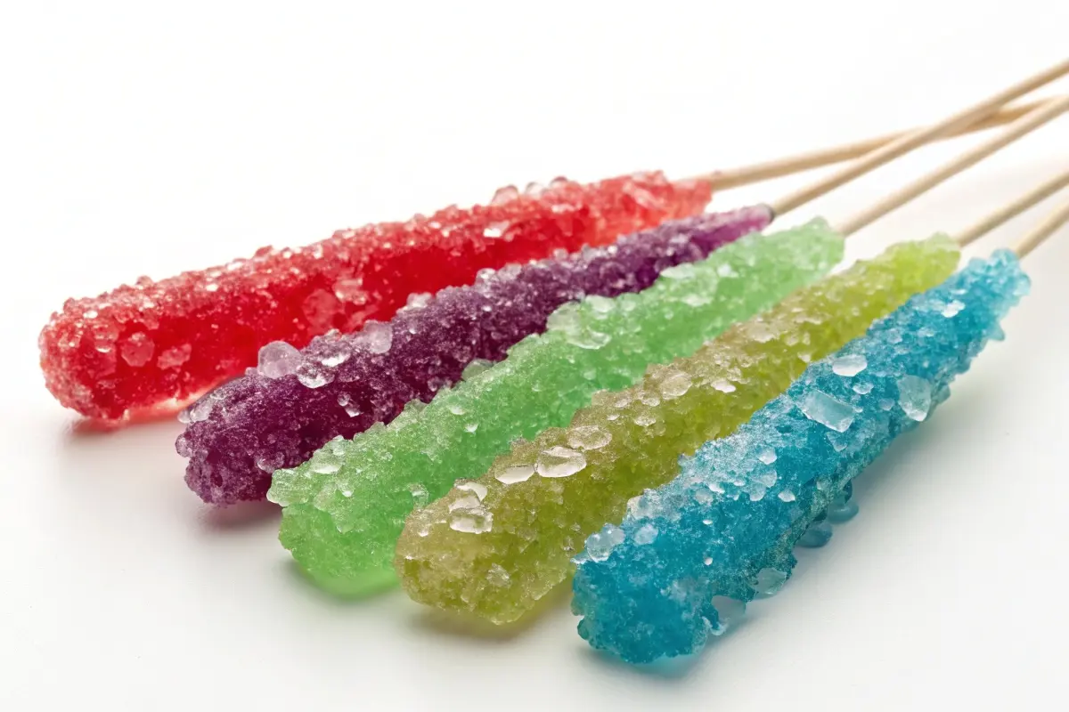 Vibrant crystal candy sticks in red, purple, green, yellow, and blue, showcasing their sparkling sugar crystals on wooden sticks.