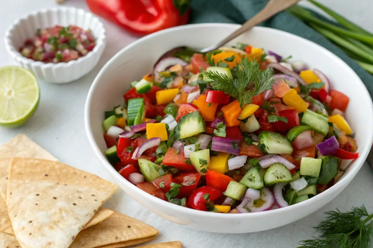 A vibrant bowl of pickle de gallo featuring diced cucumbers, tomatoes, red onions, bell peppers, and fresh herbs, surrounded by tortilla chips and garnished with lime. The image highlights a fresh and vegan-friendly salsa option.