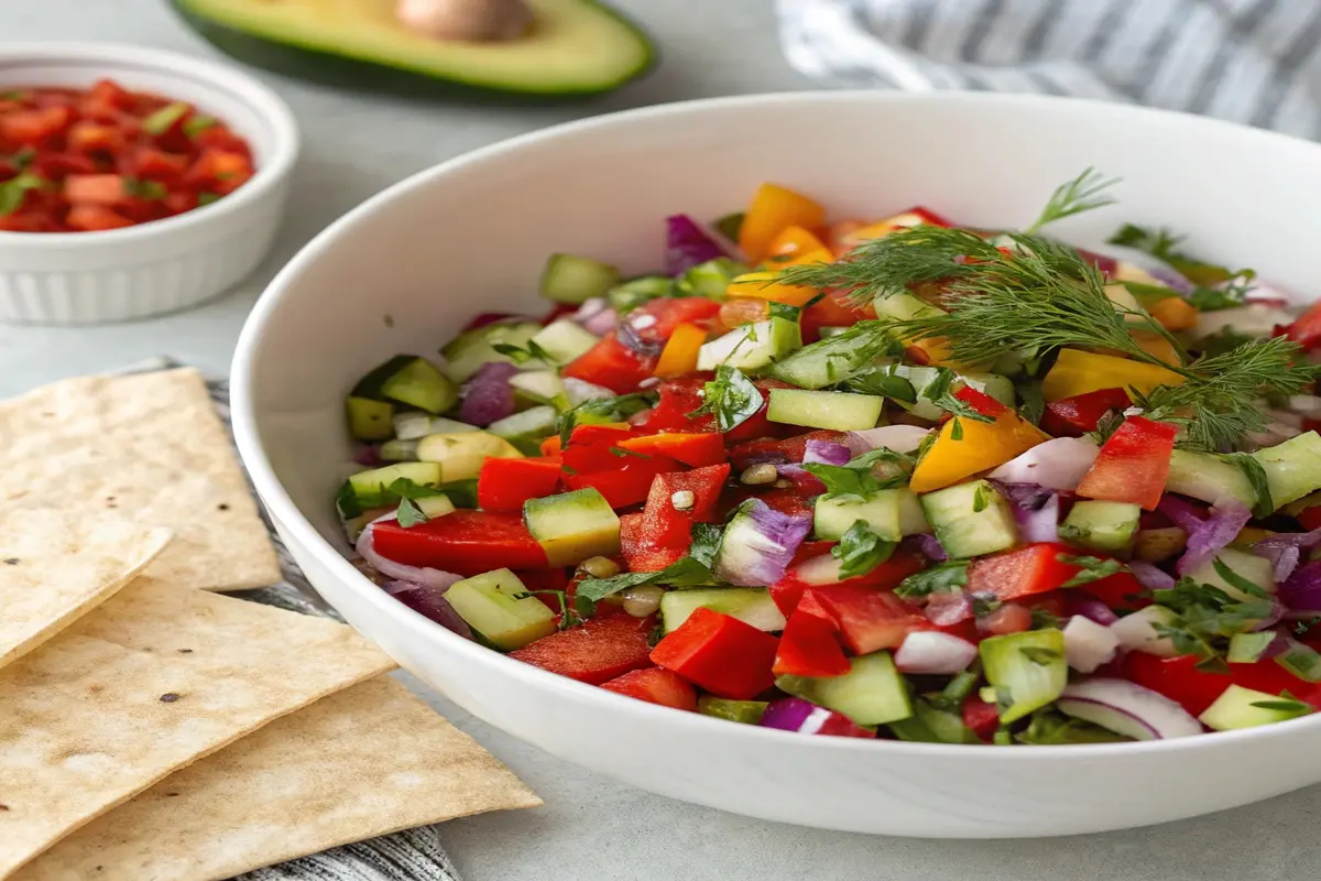 A vibrant bowl of pickle de gallo featuring diced vegetables like cucumbers, tomatoes, red onions, and peppers, garnished with fresh herbs, accompanied by tortilla chips on a table setting.