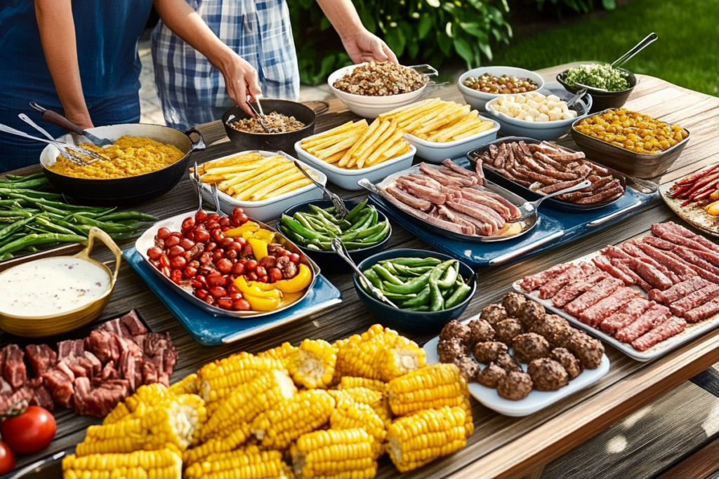 A vibrant spread of cookout dishes on an outdoor table, featuring grilled meats, fresh vegetables, corn on the cob, and other side dishes. Perfect inspiration for a cookout menu.