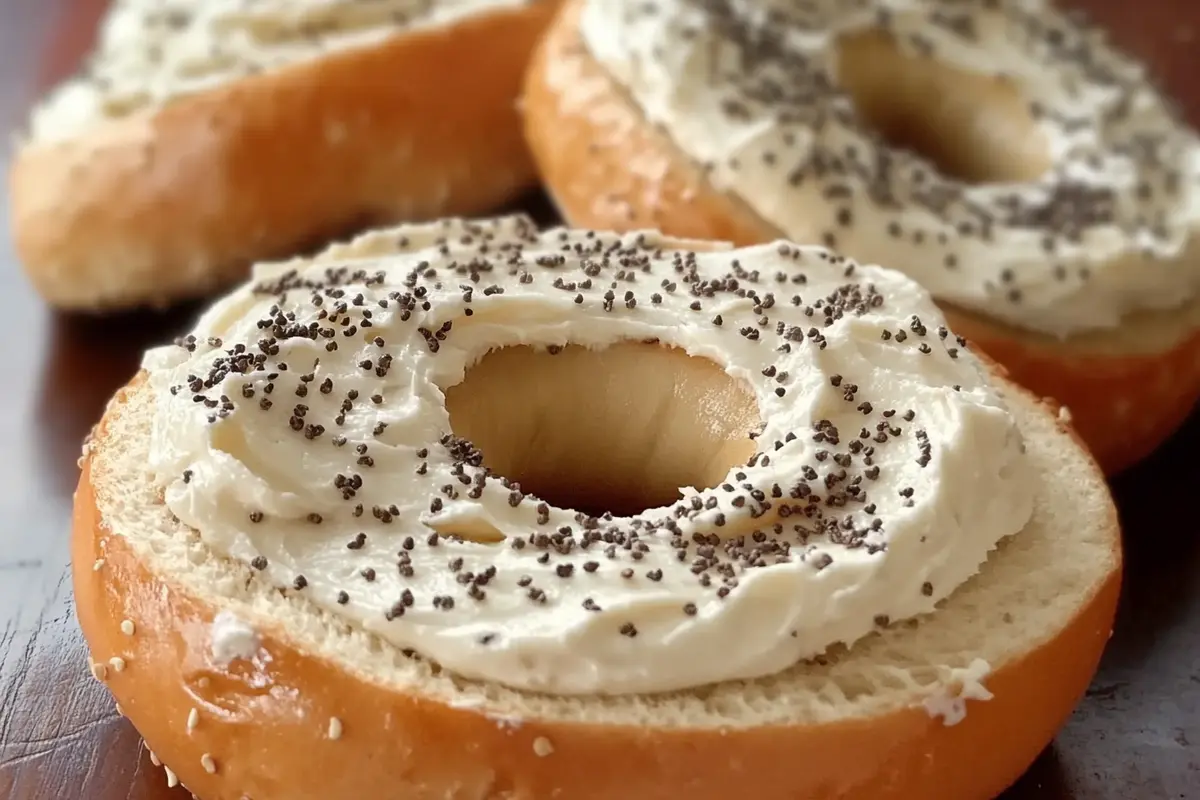 A close-up of a sesame bagel halved and spread with creamy cheese, topped with poppy seeds, illustrating the appeal of a better bagel experience.