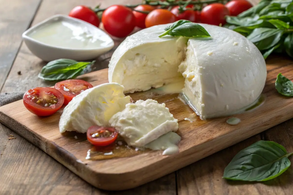 A fresh ball of burrata cheese cut open, revealing its creamy interior, served with cherry tomatoes, basil leaves, and a drizzle of olive oil on a wooden board.