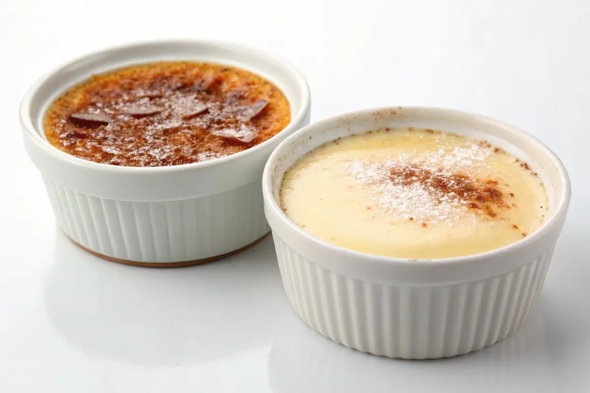 A side-by-side comparison of creme brulee and custard in white ramekins, showcasing the differences in texture and appearance, relevant to a crab brulee recipe discussion.