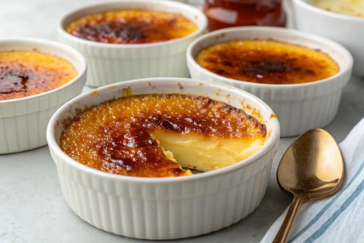 Multiple ramekins of creme brulee with perfectly caramelized tops, showcasing one ramekin with a spoonful removed to reveal the creamy custard inside.