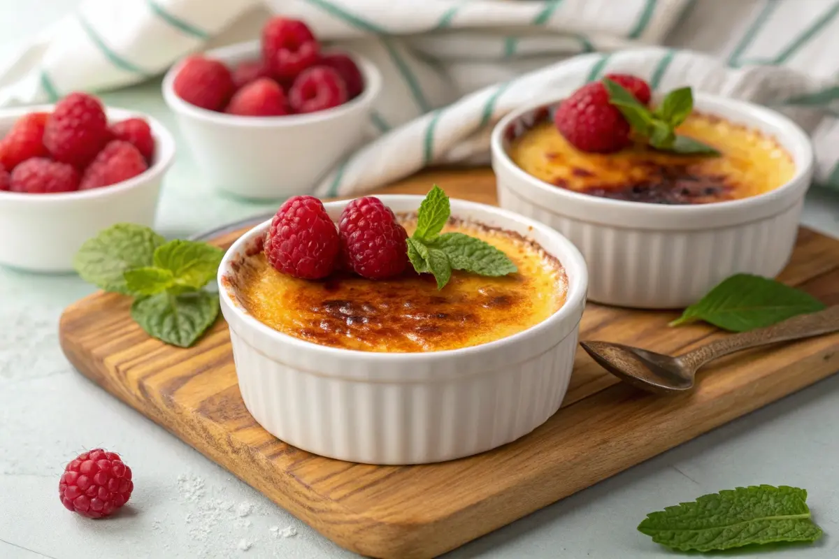 Two ramekins of crème brûlée topped with fresh raspberries and mint, served on a wooden board.