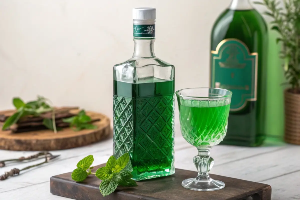 A bottle of Crème de Menthe and a glass filled with the vibrant green liqueur, accompanied by fresh mint leaves and a rustic background.