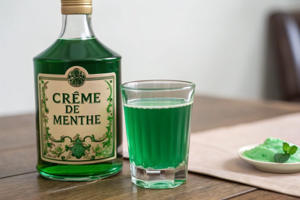 A bottle of Crème de Menthe and a glass of vibrant green liqueur, paired with a mint-based dessert on a rustic wooden table.