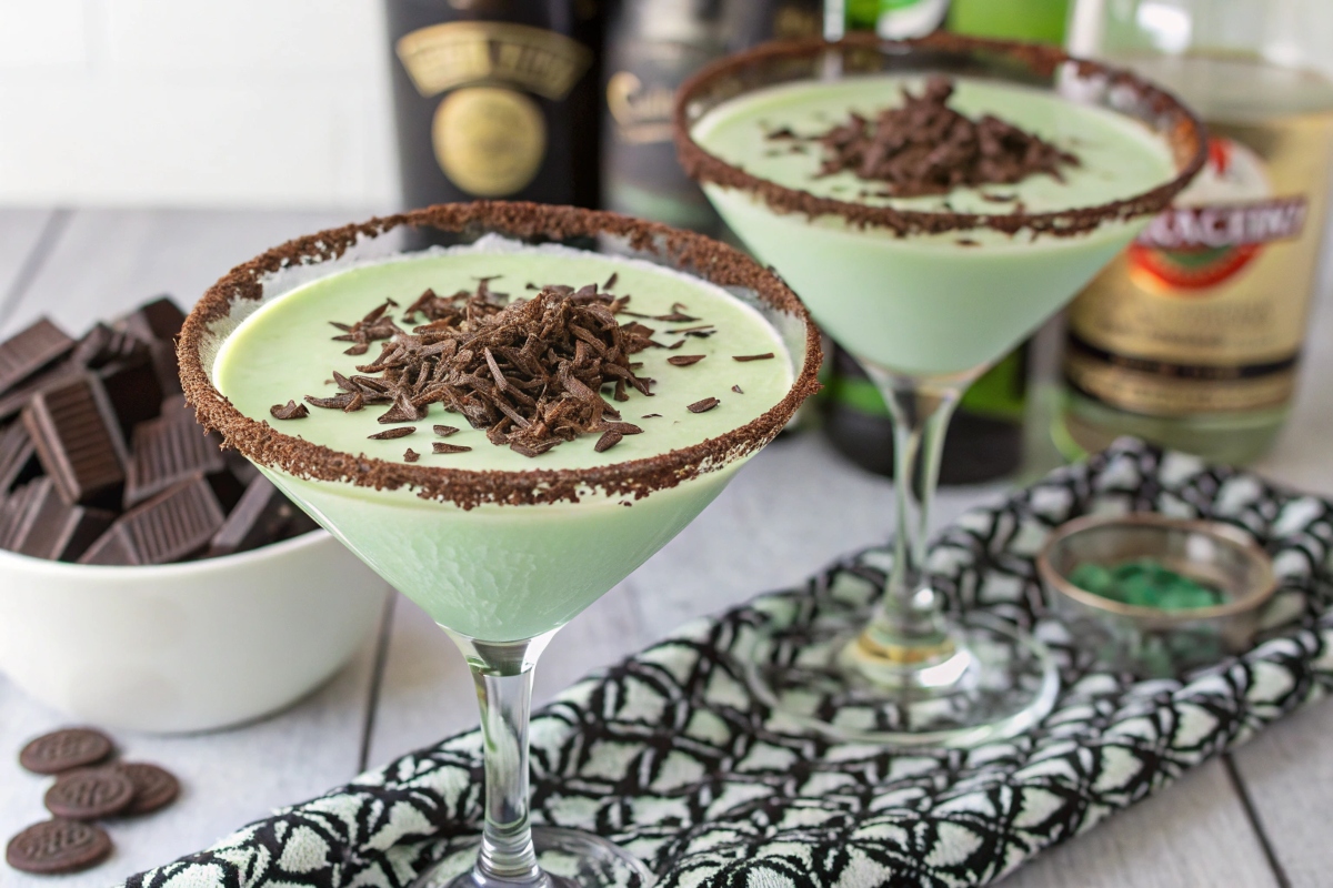 Two martini glasses filled with creamy Crème de Menthe cocktails, garnished with chocolate shavings and rimmed with cocoa, accompanied by a bowl of dark chocolate pieces.