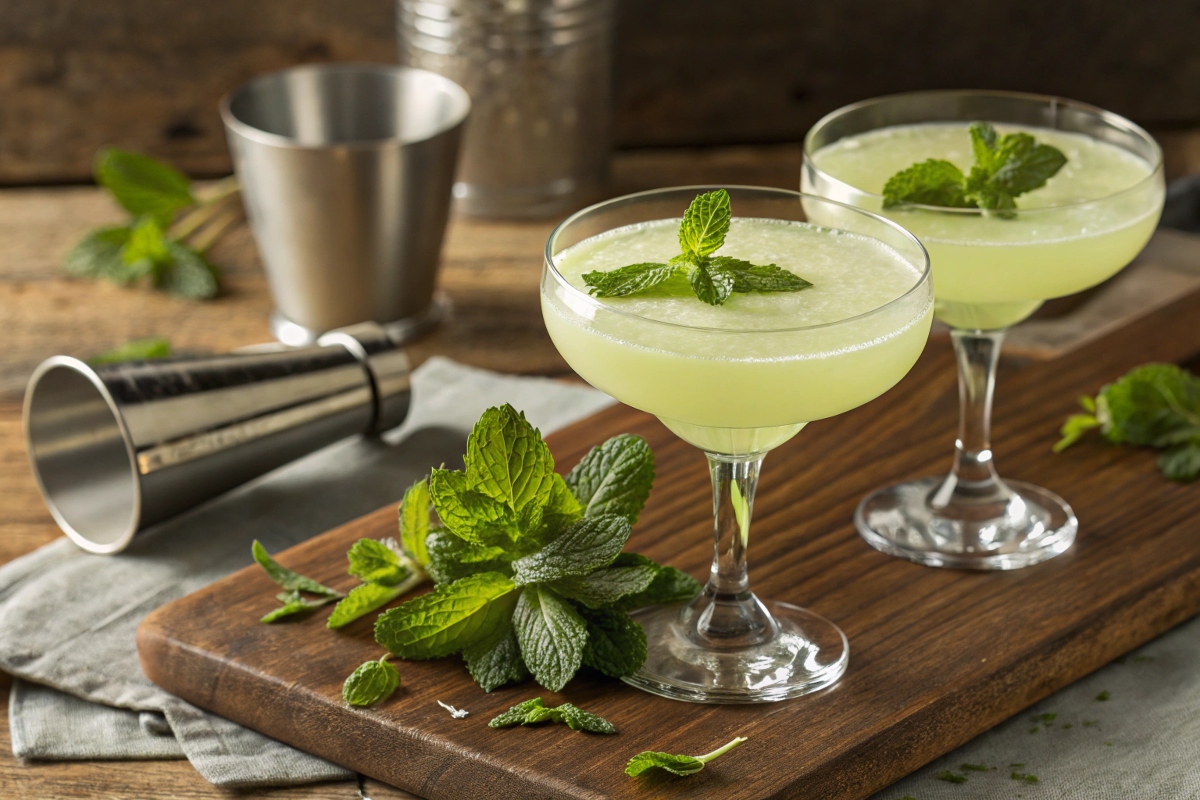 Two coupe glasses filled with creamy Crème de Menthe cocktails, garnished with fresh mint leaves, on a rustic wooden tray with cocktail tools and mint sprigs.