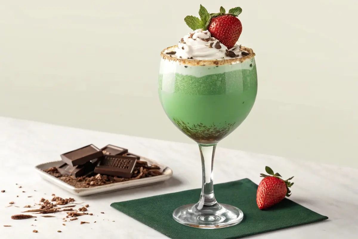 A decadent Crème de Menthe dessert cocktail topped with whipped cream, a strawberry garnish, and chocolate shavings, served alongside dark chocolate pieces.